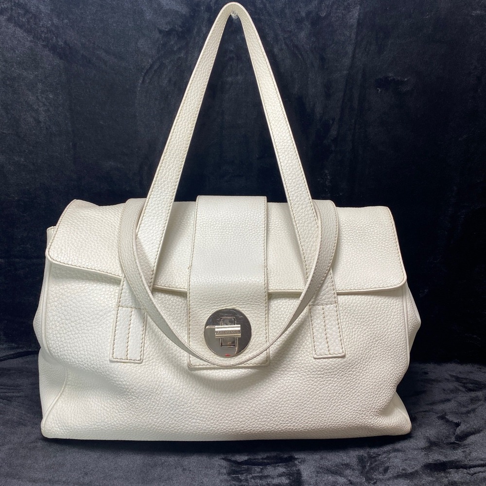 Tiffany & Co White Grain Leather Silver Turnlock Satchel Purse‎ MANHATTAN